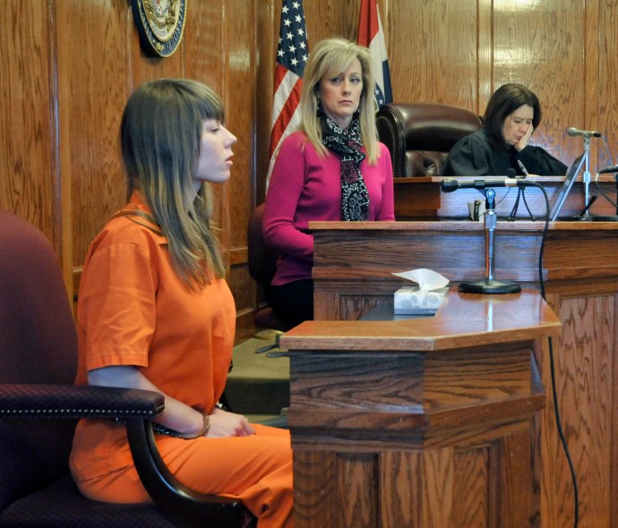 Alyssa Bustamante took to the witness stand in Cole County Circuit Court in Jefferson City, MO, Thursday, Jan. 30, 2014. Her attorney, Gary Brotherton of Columbia, tried to make the case to "undo" the guilty plea she made in January 2012. She pleaded guilty to second-degree murder which drew a life sentence with a chance of parole. In addition, she pled guilty to a charge of armed criminal action for which she was given a 30 year sentence to run at the conclusion of her life sentence. In the background right is Judge Pat Joyce who accepted Bustamante's guilty plea and presided over her sentencing hearing.(AP PHOTO/News Tribune)