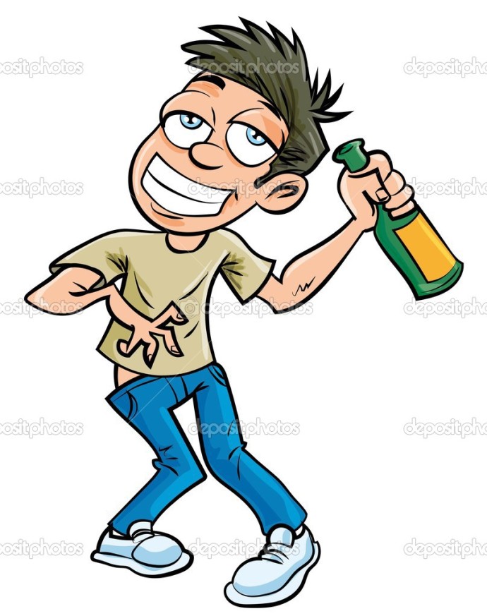 Cartoon drunk man with champagne bottle. Isolated